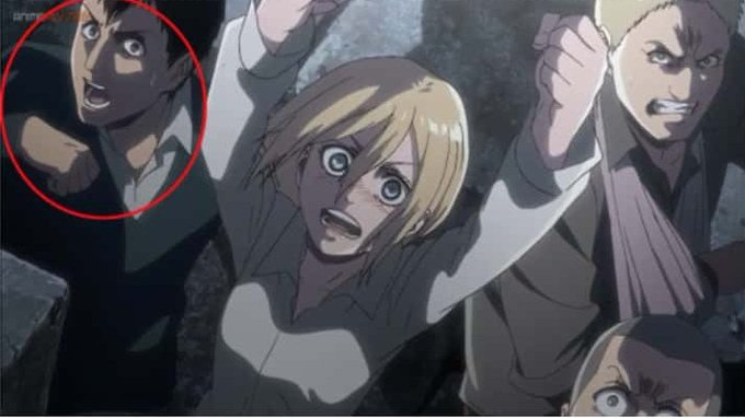 8) In this scene Bertholdt is about to bite his arm to transform, what titan shifters do but it was way before the reveal also foreshadows him being a titan shifter.