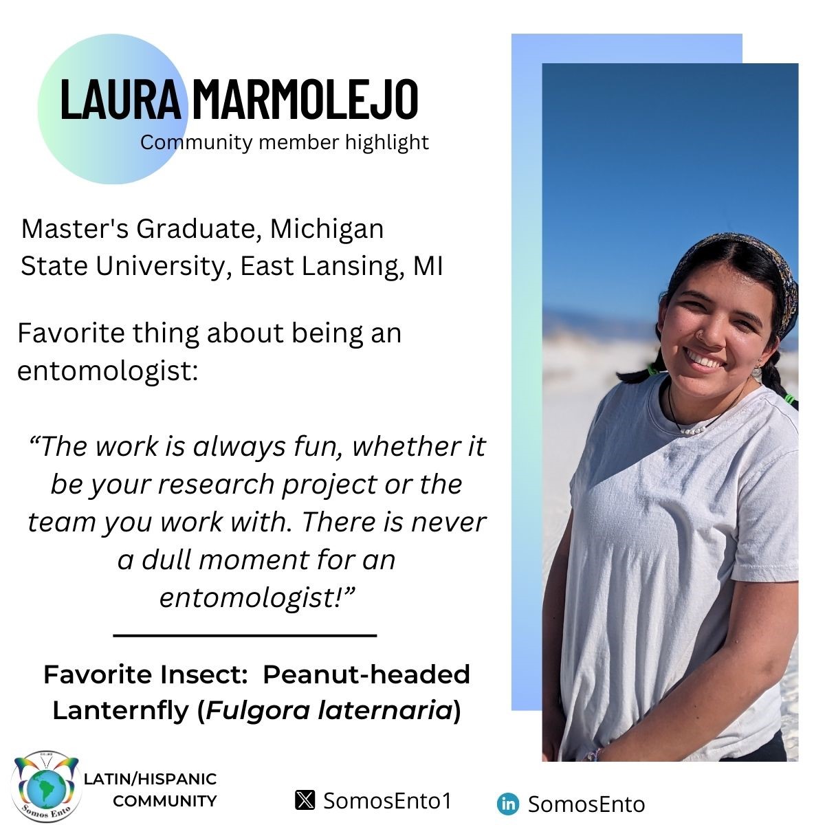 Hi #SomosEnto🦋🌎, meet <a href="/marmolejoento/">Laura Marmolejo</a>, a student at <a href="/MSUEntomology/">MSU Entomology</a>. Laura is interested in chemical ecology, studying how plant defenses are affected by herbivores and plant volatiles🌱🪲. Laura wants to create a more inclusive, diverse, and fair community for all scientists.
