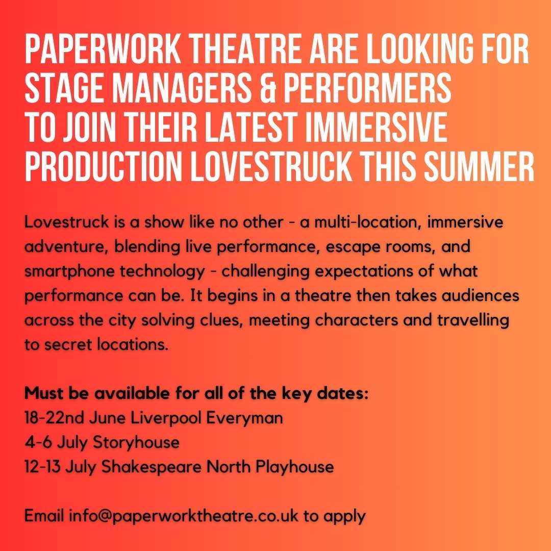 #Opportunity | Calling local 18 - 25 year olds interested in theatre! 📢📢

<a href="/PaperworkT/">Paperwork Theatre</a> are looking for emerging Performers and Stage Managers to join their latest production Lovestruck, a multi-location immersive theatrical experience! 🎭🔍

Deadline 10 June. More info below ↘️