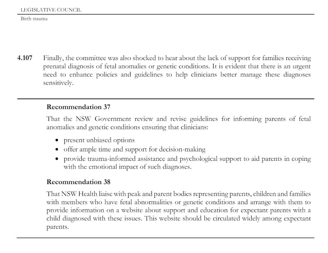 After many submissions to many parliamentary inquires... the psychosocial aspects of prenatal diagnosis are finally acknowledged. 

Not only are there quotes and comments in the report - but recognition & recommendations. #NoLongerHidden #Hope 

#NSW #BirthTrauma #Anomaly