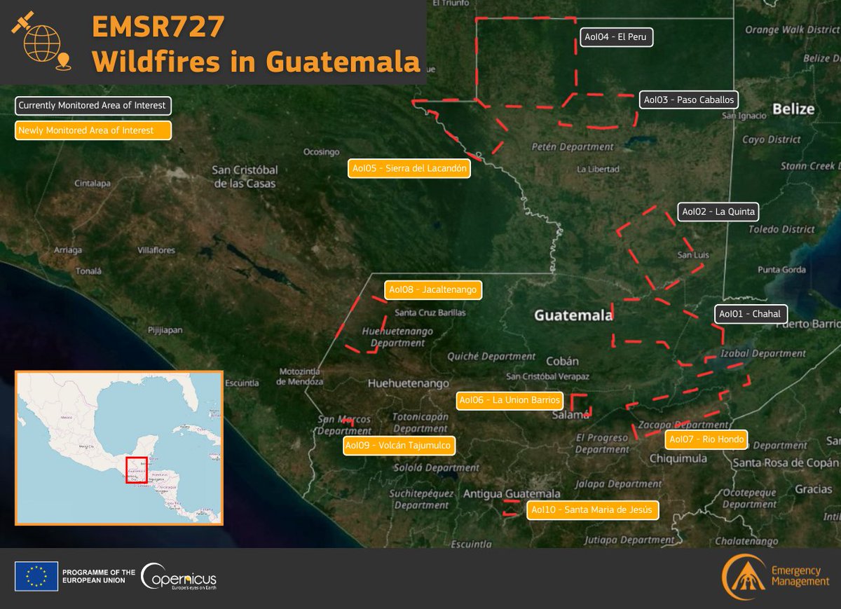 #EMSR727 #Wildfires 🔥 in #Guatemala 🇬🇹 Our #MappingTeam has been tasked to monitor 6 new Areas of Interest ➡️Sierra del Lacandón ➡️La Union Barrios ➡️Rio Hondo ➡️Jacaltenango ➡️Volcán Tajumulco ➡️Santa Maria de Jesús More updates are coming soon! 🔗rapidmapping.emergency.copernicus.eu/EMSR727/report…