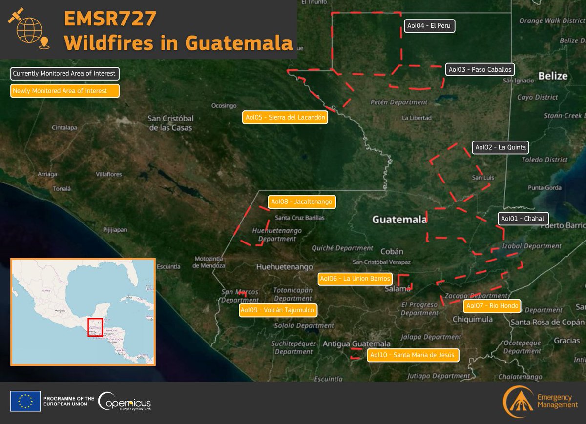 CopernicusEMS's tweet photo. #EMSR727 #Wildfires 🔥 in #Guatemala 🇬🇹

Our #MappingTeam has been tasked to monitor 6 new Areas of Interest

➡️Sierra del Lacandón
➡️La Union Barrios
➡️Rio Hondo
➡️Jacaltenango
➡️Volcán Tajumulco
➡️Santa Maria de Jesús

More updates are coming soon!

🔗https://t.co/k6Vc0kqd3O https://t.co/cHVRLTTVO5