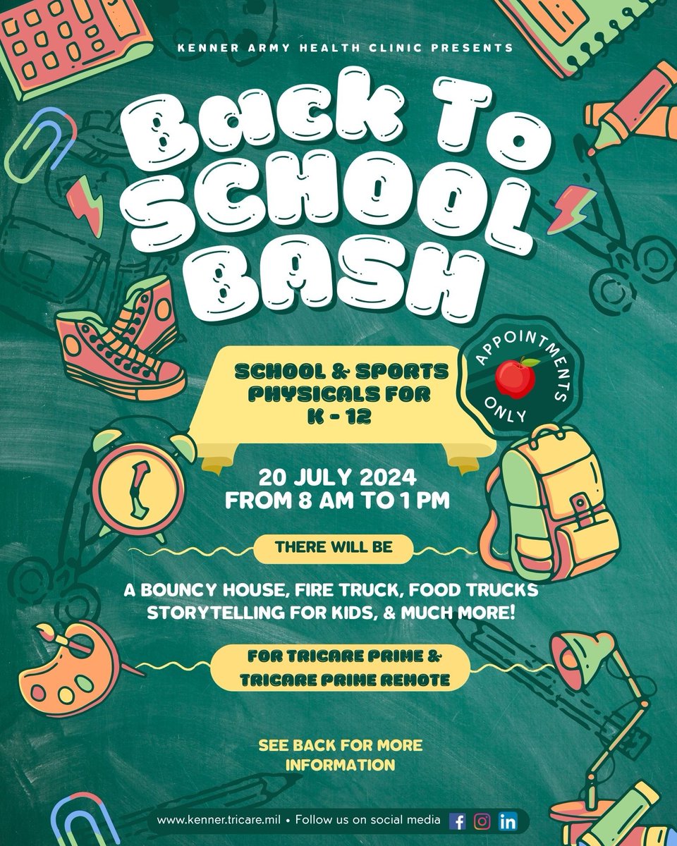 FortLeeUSArmy's tweet image. Kenner Army Health Clinic is now accepting appointments for school and sports physicals as part of their Back-to-School Bash July 20th. Plus, they&apos;re offering walk-in vaccines for grades K-12 from 8 am to 12:30 pm. Helping little ones be ready and healthy for the new school year!