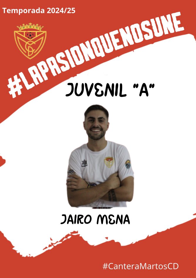 martoscdcantera's tweet photo. 💥 RENOVACIÓN 😍

- Graduado en Educación Primaria con mención en Educación Física.
- ⁠Entrenador UEFA C.

Jairo Mena volverá a liderar al Juvenil “A” del Martos CD tras su reciente ascenso a 2ª Andaluza Jaen Juvenil.

#LAPASIONQUENOSUNE https://t.co/IHArrYcEmg