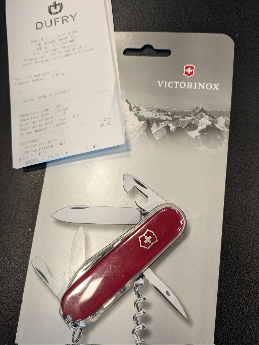 Dear @zrh_airport, how come I have to take out all sharp objects *before* security, and then I can buy a whole collection of Swiss Army knives right *after* security? 🤔