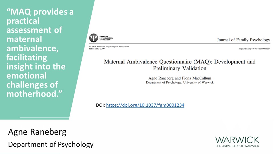 Maternal ambivalence is a significant emotional stressor for mothers’ well-being. This paper presents a new Maternal Ambivalence Questionnaire, providing novel opportunities for examining how mothers cope with their ambivalent feelings and consequences for maternal mental health
