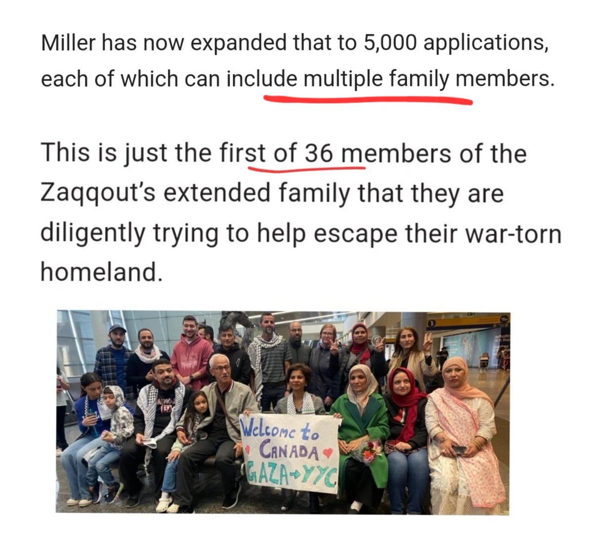 Minister of Mass Immigration Marc Miller has confirmed that the expanded visa program for Gazans isn't for 5,000 people but for 5,000 applications. Each applications can hold multiple family members. Just one family in Calgary brought 36 of their family members from Gaza. The