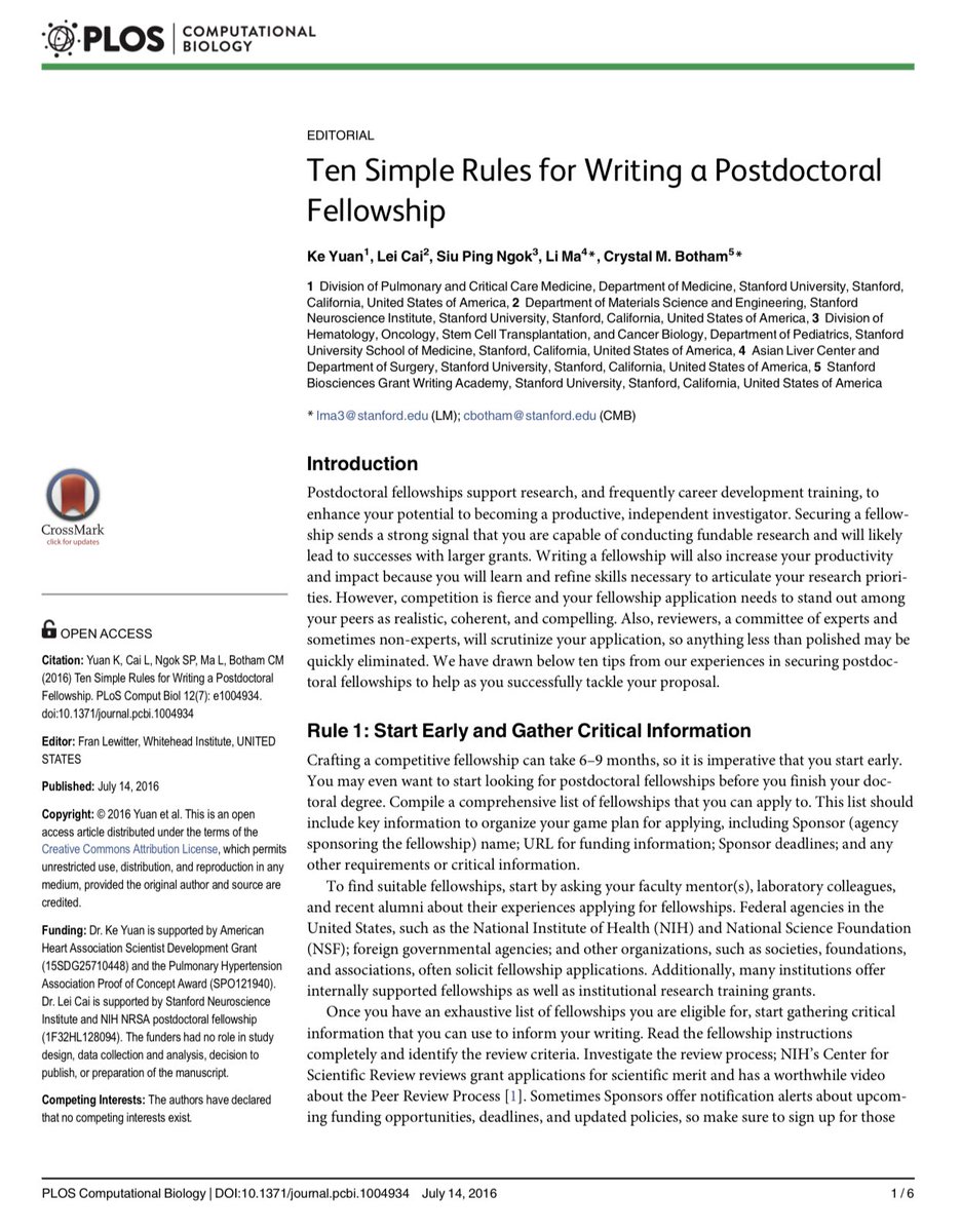 Ten Simple Rules for Writing a Postdoctoral Fellowship  (1/2)

@PLOSCompBiol #PhD #PhDlife #academics #AcademicChatter #AcademicTwitter #Postdocs #Research #Science #followship #PostdoctoralFellowship