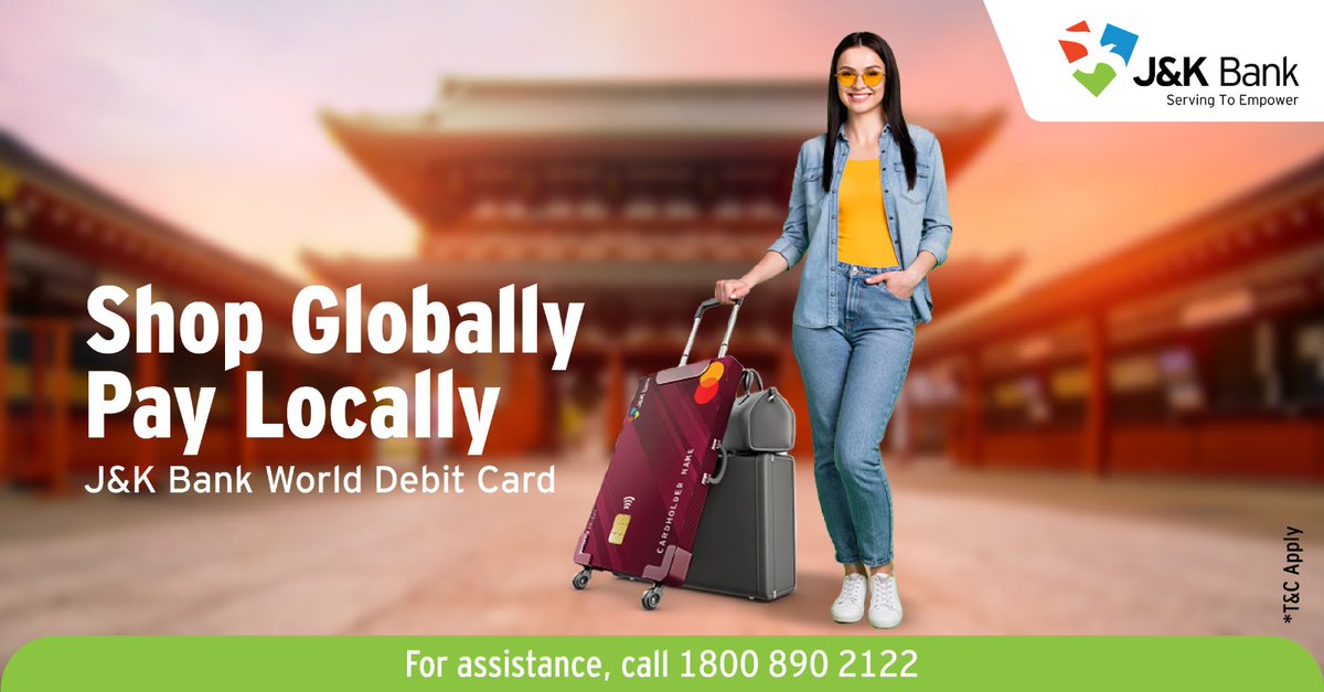 With J&K Bank World Debit Card, travel and shop worldwide seamlessly. Enjoy lounge access, explore e-commerce rewards, dining offers, higher daily withdrawal limits (up to Rs. 1 Lakh) and much more. #JKBank