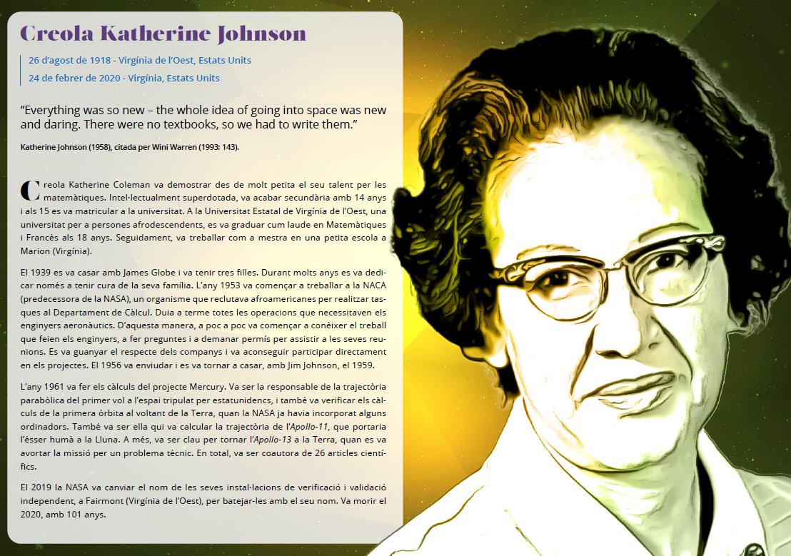 💡 Sabies que...

...#KatherineJohnson va calcular la trajectòria de l’Apollo-11, que portaria l’ésser humà a la Lluna?

🔭 A més, va ser clau per tornar l’Apollo-13 a la Terra, quan es va avortar la missió per un problema tècnic.

Vols saber més? ⤵️