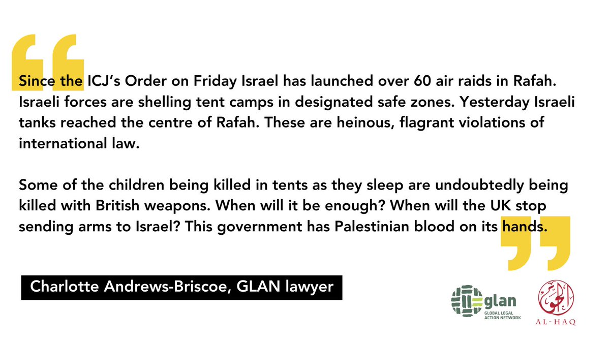 Despite ICJ Order that Israel must immediately halt its military offensive+ any other action in Rafah which may inflict on the Palestinian group in Gaza conditions of life that would bring about its physical destruction in whole or in part, #Israel is bombing families in tents.