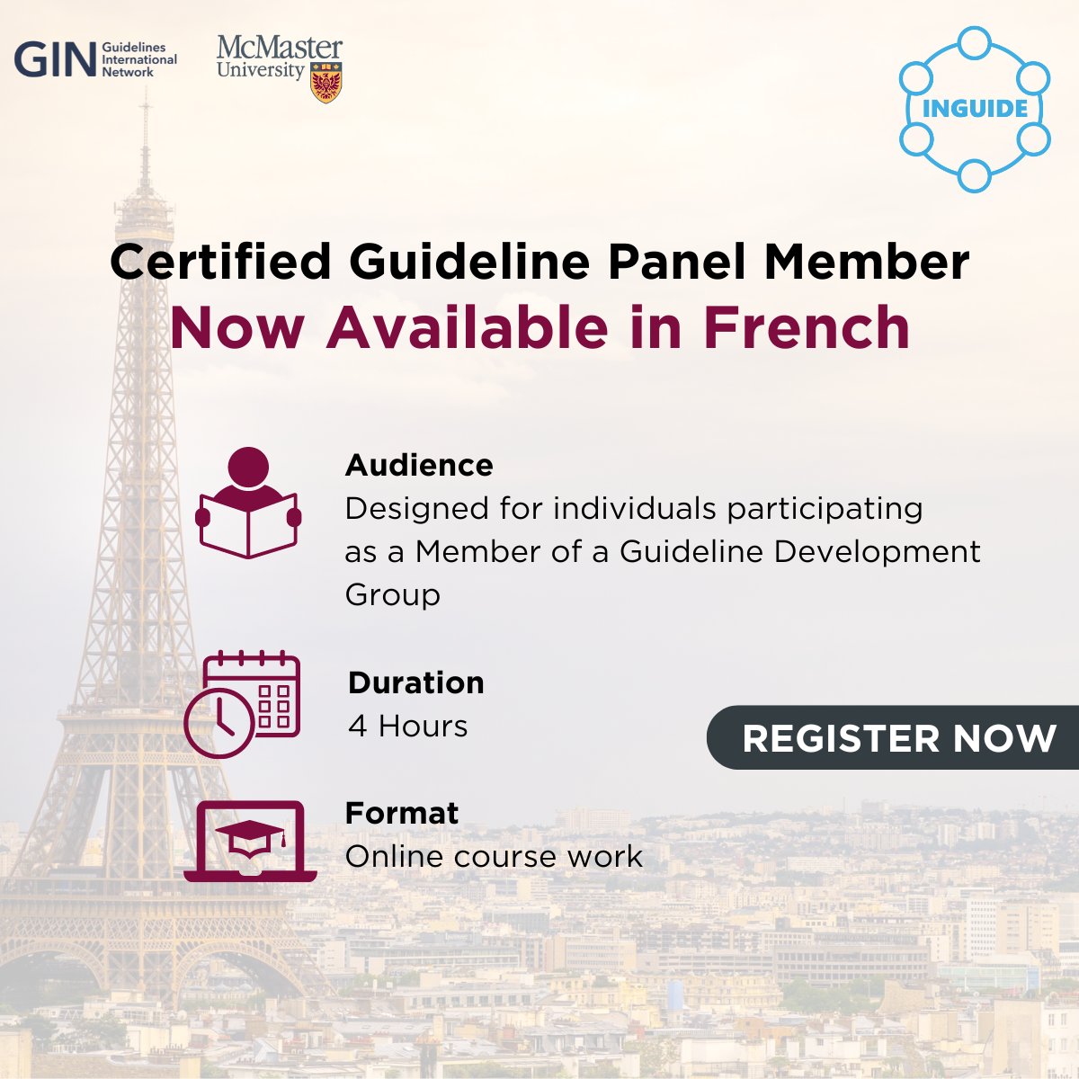 📢 INGUIDE is excited to announce that our Certified Guideline Panel Member course is now available in French!✨ Expand your expertise and join a global network of professionals.

Register Now: extended.mcmaster.ca/product?catalo…

#INGUIDE #GuidelinePanel #FrenchCourse