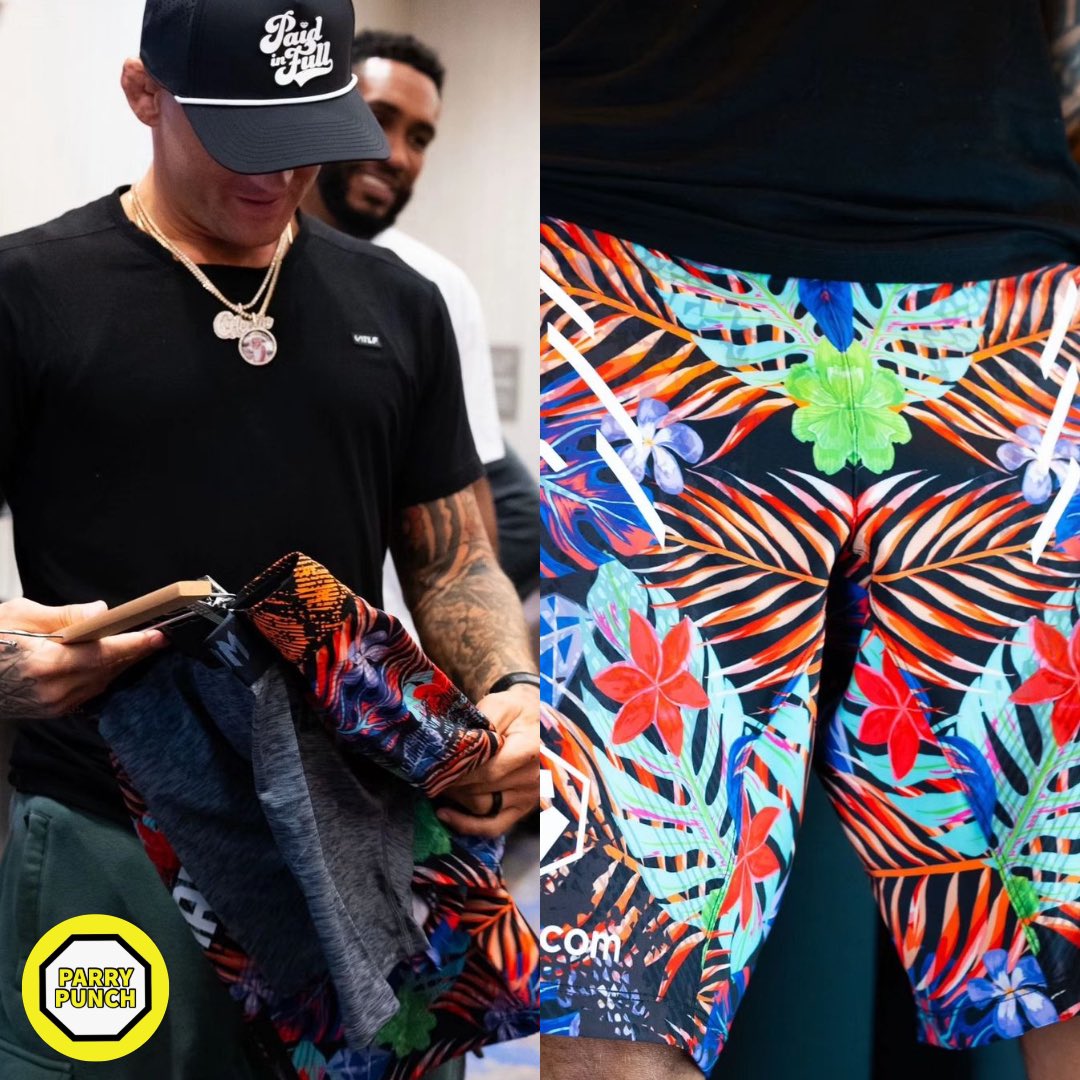 🔥| Dustin Poirier receives custom floral/leaf shorts ahead of his lightweight title fight at #UFC302 in Newark, New Jersey. 🌸🍃 #UFC #MMA #UFCNewark