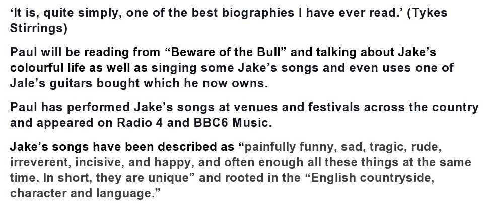 If you can not make the evening performance by Paul Thompson at The Rabbit Hole in Brigg Paul will also be over in Grimsby on Saturday 1st June. Performing some of Jake Thackray's amazingly lyrical songs and chatting about his biography of Jake 'Beware The Bull'