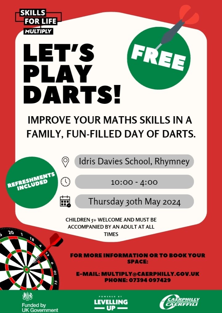 Fancy a fame of arrows 🎯 and also to improve your numeracy. Two family - friendly events organised by @CaerphillyCBC in Trinant and Rhymney tomorrow.