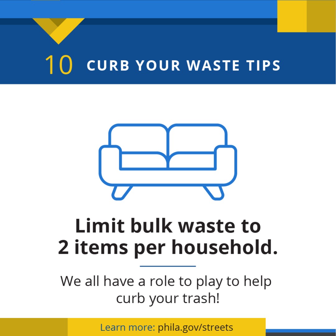 Limit bulk waste to two items per household only such as sofas and dressers. No white metals, electronic waste such as computers or televisions, and hazardous materials ow.ly/j5is50RVVW9. #curbyourwaste