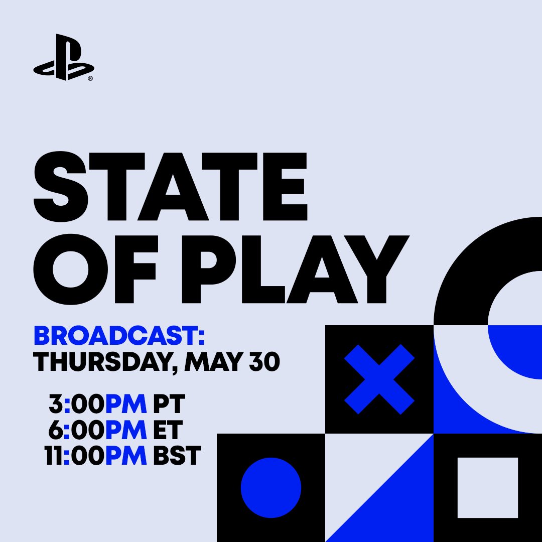 BREAKING: #PlayStation State of Play returns🚀 ✅30+ minute broadcast ✅Thursday at 3pm PT / 11pm BST: ✅14 PS5 and PS VR2 titles, ✅PlayStation Studios titles arriving later this year Who’s MEGA HYPED?😎 More: play.st/4bWEVPr #PS5 #Gaming