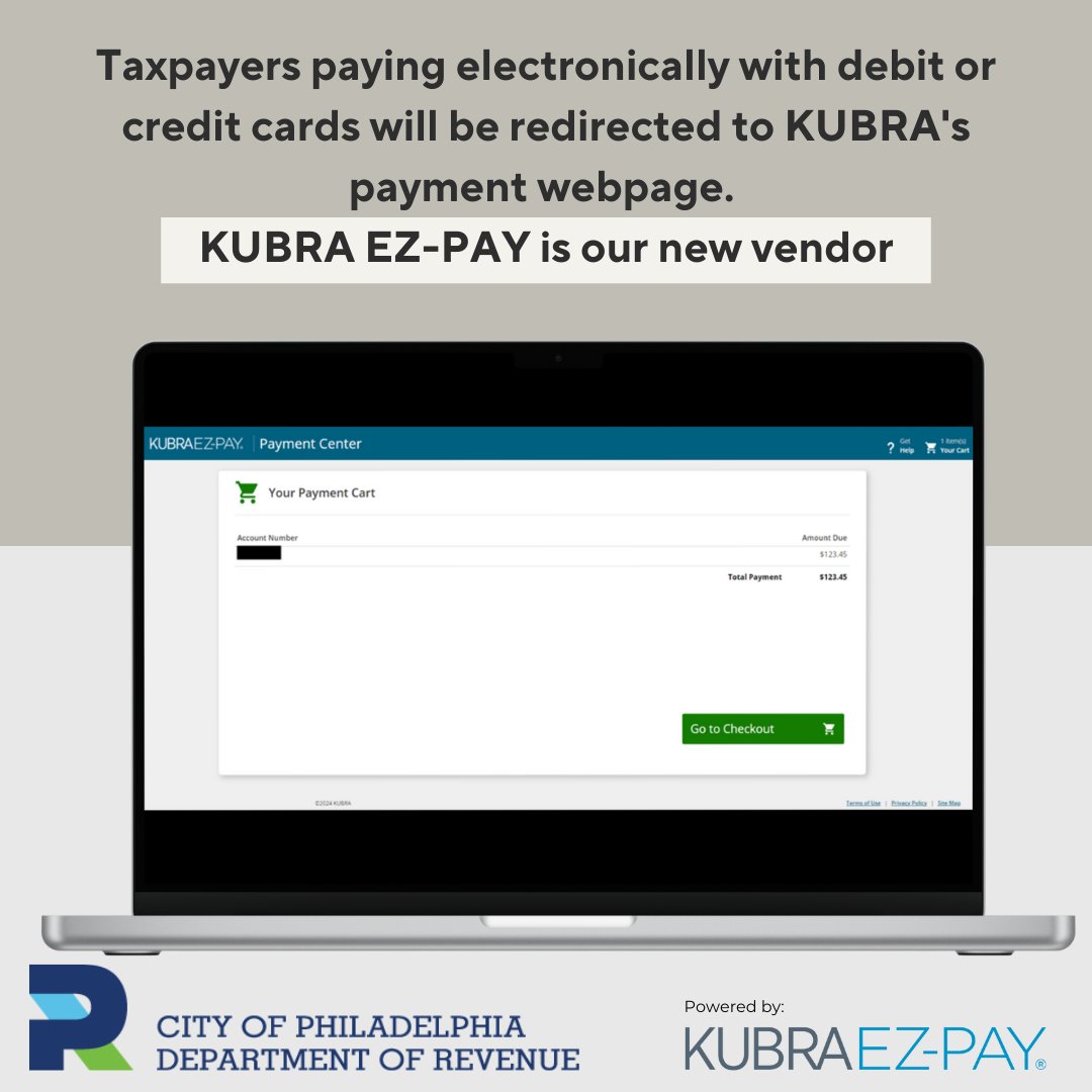 On Thursday, May 30, we will transition payment vendors. You will be redirected to a new website to complete the transaction. You may continue using the Philadelphia Tax Center to initiate payments and all Revenue affairs.
Read more: phila.gov/2024-05-28-new….