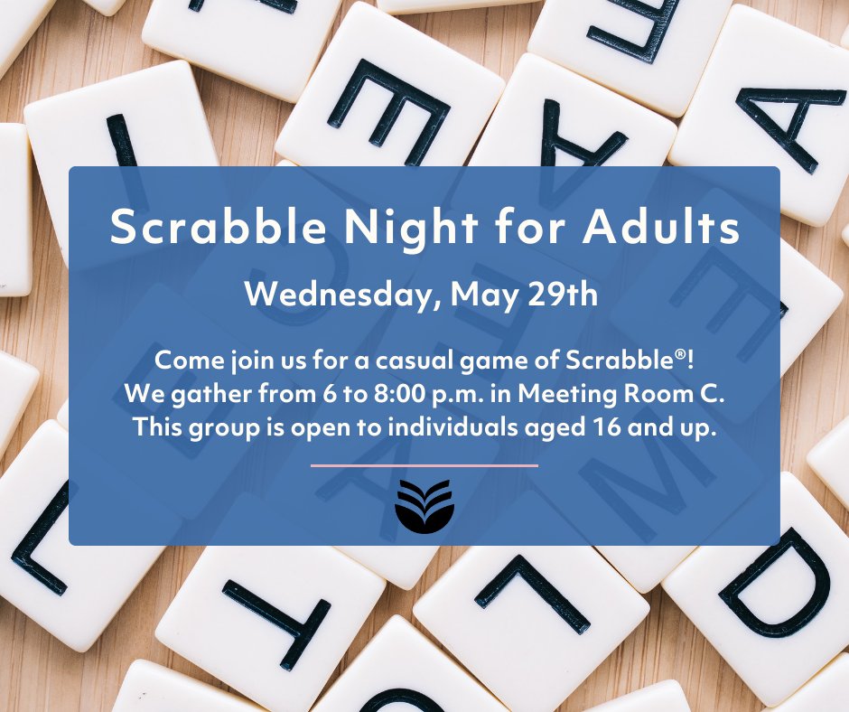 ✨ Don't forget that Scrabble Night for Adults is TONIGHT! Join us from 6-8pm in Meeting Room C. Ages 16 and up.

✨ No olvides que hoy es noche de Scrabble para adultos de 6-8pm en la sala de reunión C. La edad para este programa es de 16 años y más.

#MyRRPL