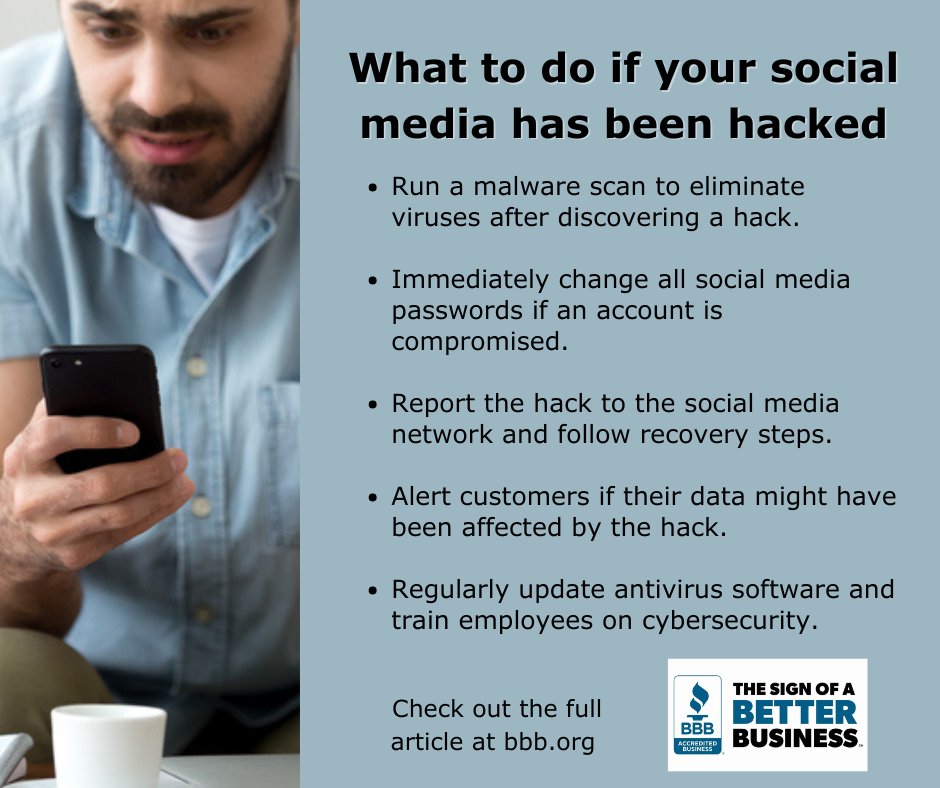 BBBofNorfolk's tweet image. Got hacked? 🤯 Don't sweat it! The BBB's quick guide 📖 on handling a social media hack will have you secured in no time! 🛡️ #TrustAndCredibility #BBBAllies #EmpoweredConsumers #TrustedCommunity #ProtectYourself

bbb.pulse.ly/fffvcerwdh