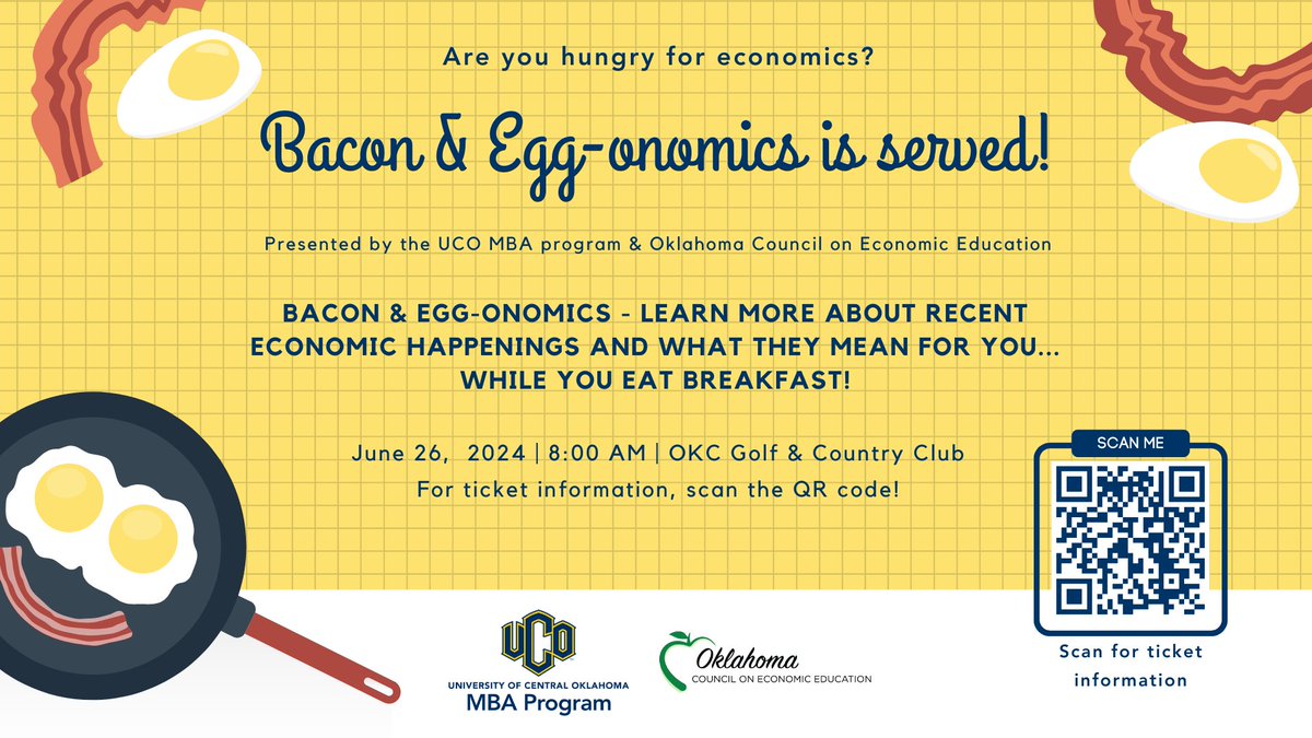 At Bacon and Egg-onomics, not only will a delicious breakfast be on the menu, but also economic insights will be brought to you by the UCO MBA program and the Oklahoma Council on Economic Education! Sign up here: go.uco.edu/BaconEggonomic… #UCOBusiness #EconisLife <a href="/OKECONEDU/">Okla Council on Economic Education</a>