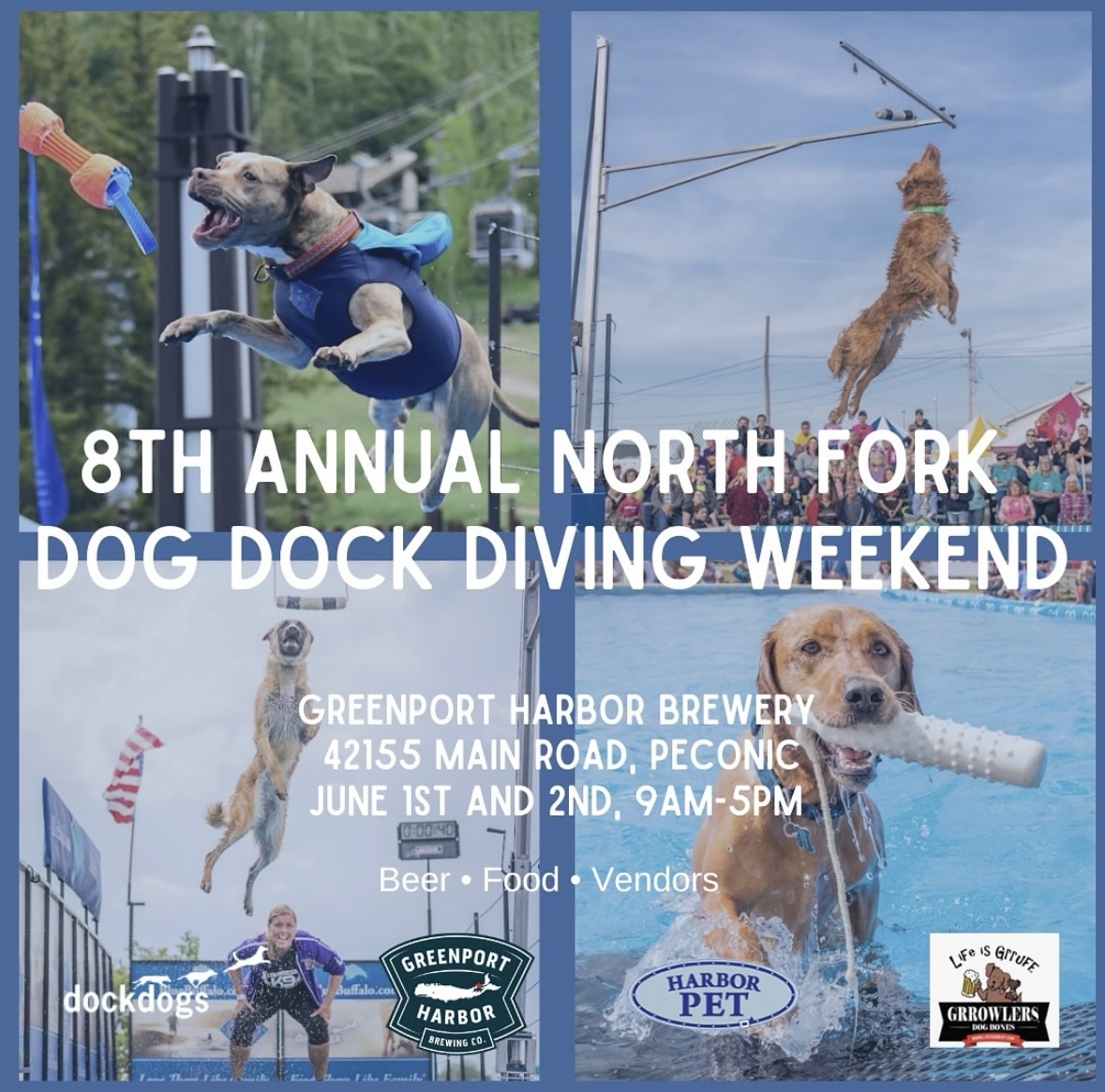 See dogs fly this weekend at #greenportbrewing for the 8th Annual North Fork Dog Dock Diving! 🐾🌊 #discoverlongisland On June 1st & 2nd from 9am-5pm, dogs of all kinds will compete in 'The Long Jump', 'The High Jump' and 'Speed Retrieve' by running from a dock into water. 🐶💦