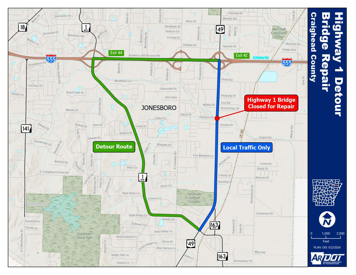 Heads up, Jonesboro: Highway 1 (Stadium Blvd.) will fully close between Interstate 555 and Highway 1B (Harrisburg Road) for one week, starting this Sunday, June 2. This closure will allow crews to replace the bridge over Higginbottom Creek.