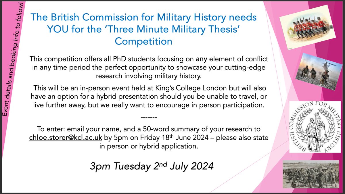 We are pleased to announce our next event!  Two workshops followed by a Three-Minute Military Thesis competition in which ECRs have to share their research in... you guessed it... three minutes! For details on how to enter, see below. Please share widely with your networks #BCMH