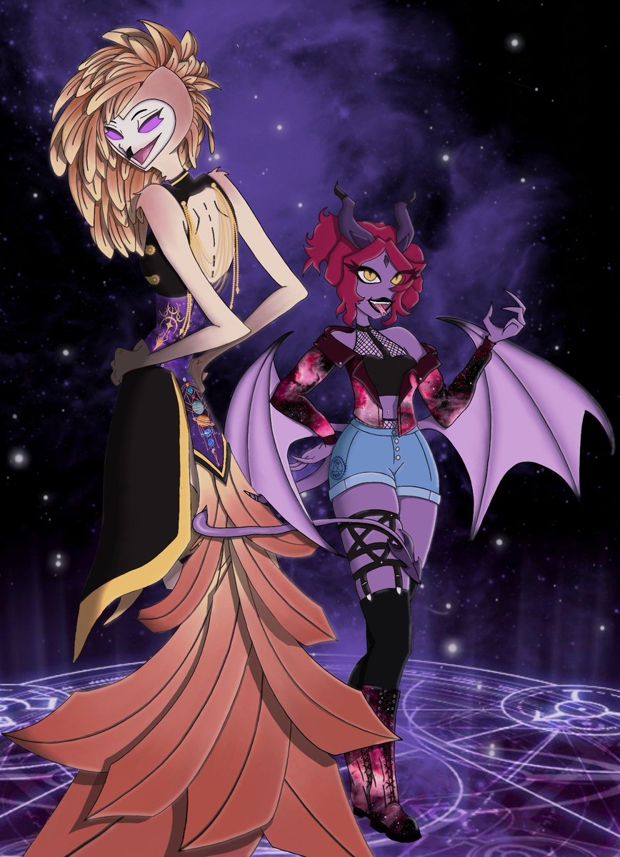 I finally finished my girls Destiny and Karma 🙌🏻 
Took me just a few weeks, but for my first full colo + light&amp;shadows It's definitely ok.

They look stunning 💜 I have to finish writing their story as well.

Hope you enjoy!

#HazbinHotel #HazbinOC #HellaverseOC #HelluvaBoss