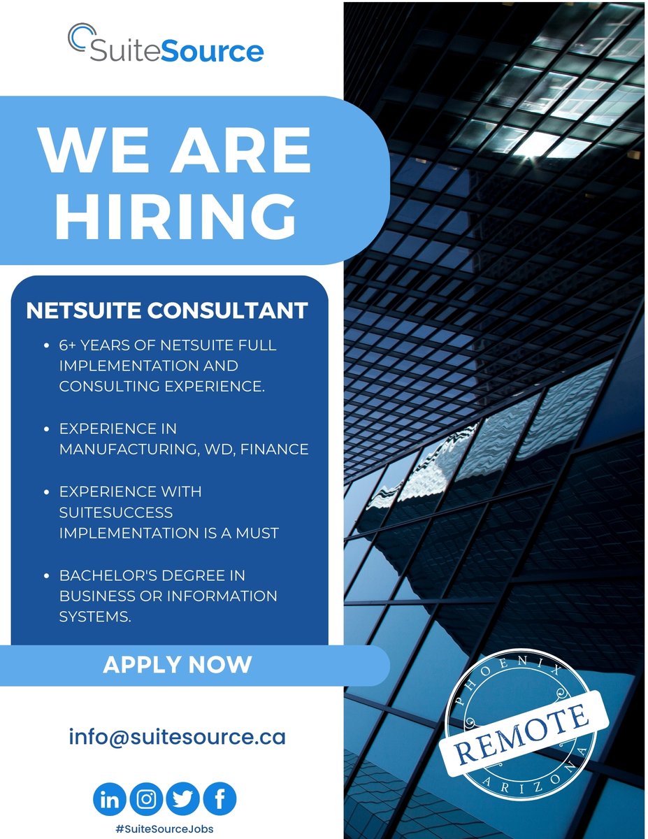 Our client is looking for an experienced #NetSuite Consultant to join their team. This is a #Remote opportunity in #Arizona. Apply by email or visiting our career portal: ow.ly/5TZW50RWCoR #SuiteSourceJobs #Hiring #Apply #Applynow #Opportunity #Consultant