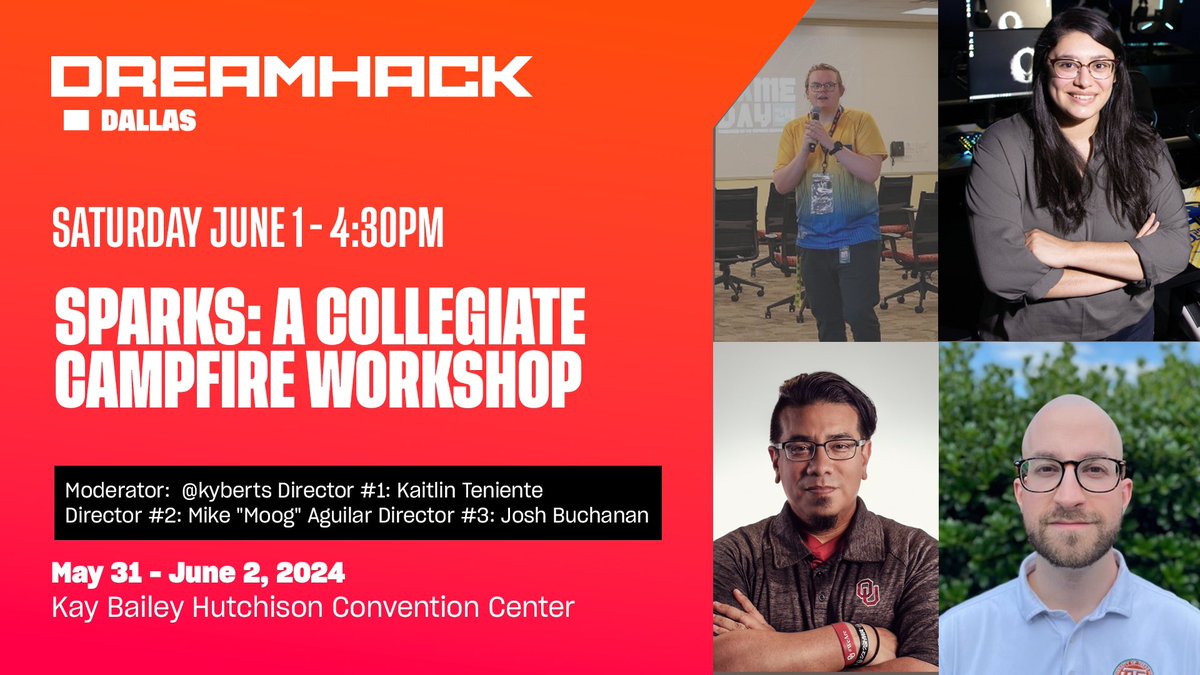 Peep the collegiate campfire workshop! I’ll be w/ the fabulous <a href="/MoogDiesel/">Moog</a> + <a href="/earlytoss/">Joshua Buchanan</a> + <a href="/kyberts_/">Tom Screech</a> getting into the nitty gritty about college esports! 

➡️ Sat. @ 4:30 p.m. in D221 (by the main entry) after the collegiate meetup! #DHDallas