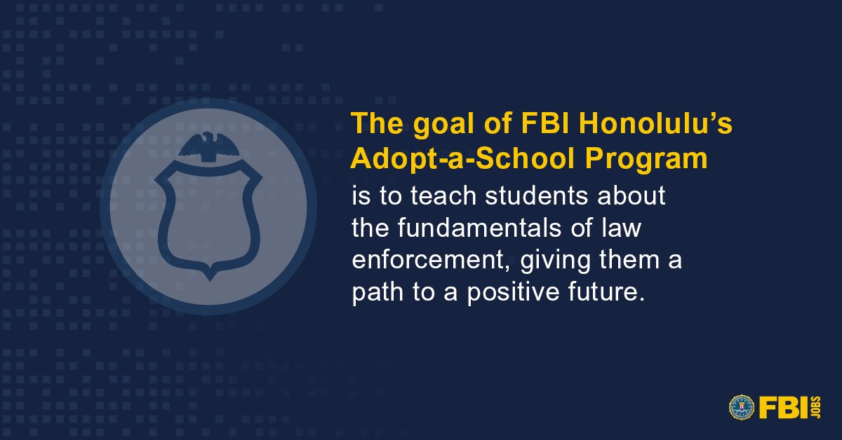 15 years ago, the @FBIHonolulu office started the Adopt-a-School program, reducing crime and shaping young peoples futures through law enforcement education. Consider a career as a #SpecialAgent to make an impact. See yourself in the FBI. #FBIJobs #Hiring ow.ly/CCc150RUix3