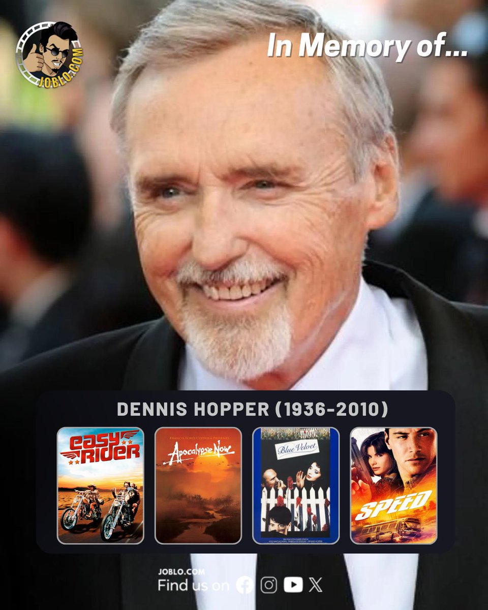 On this day, we take a moment to remember the life and work of Dennis Hopper (1936-2010).🕊️🎥

#JoBloMovies #JoBloMovieNetwork #DennisHopper #EasyRider #Speed #ApocalypseNow #BlueVelvet