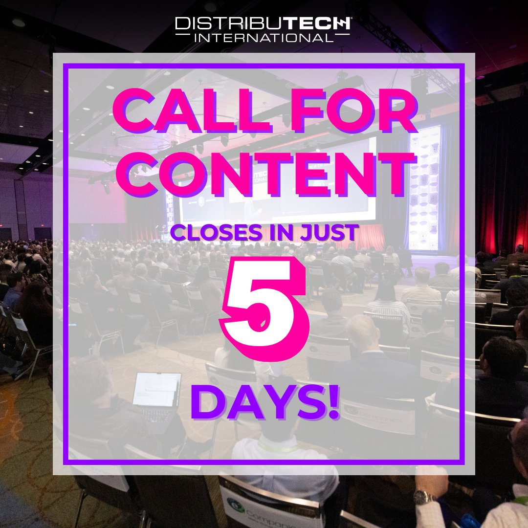 Time is running out to share your ideas at #DISTRIBUTECH25! Call for content is open for 5 more days. Don't miss your chance to speak to fellow industry peers about innovations that are advancing the transmission and distribution industry. Submit now! ow.ly/rM5950RZ159