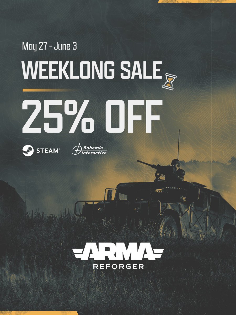 Our 25% weeklong sale of #ArmaReforger is ongoing so get yours and join the battle for Everon and Arland! 🪖 No time to waste though, the sale ends on the 3rd of June! store.steampowered.com/app/1874880/Ar…