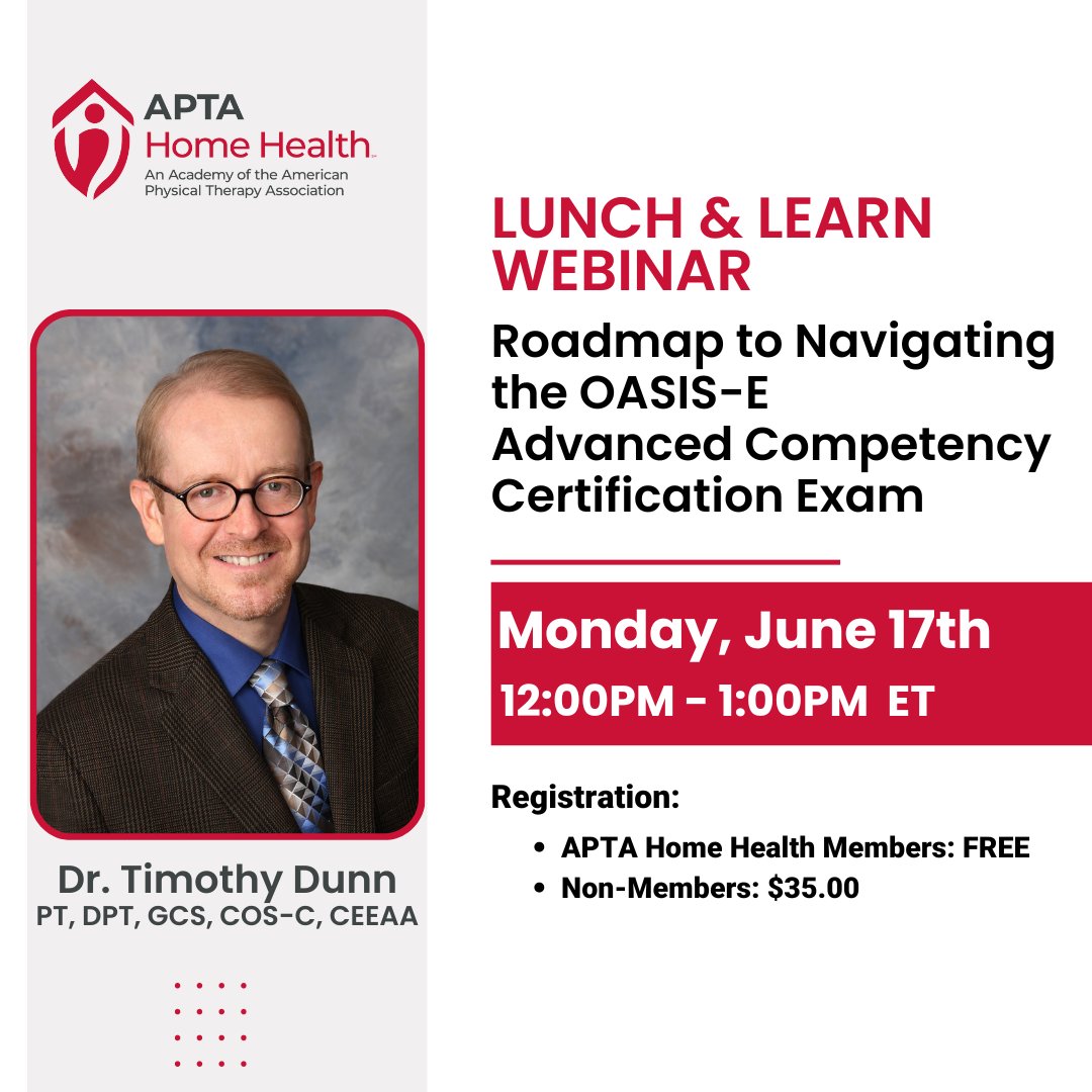 Join us for a 60-minute Lunch & Learn Workshop, designed to be the Physical Therapist’s roadmap in navigating the key updates to the OASIS-E assessment in preparation to sit for the OASIS-E Advanced Competency Certification Exam. Click here for more info: loom.ly/lGdKFn8