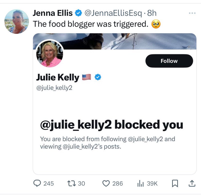 If there's one person in the world who has been fighting every second of the day against the weaponization of government it's @julie_kelly2.

You would think someone like Jenna Ellis would respect that and greatly appreciate that, but apparently not.

It's hard not to think that