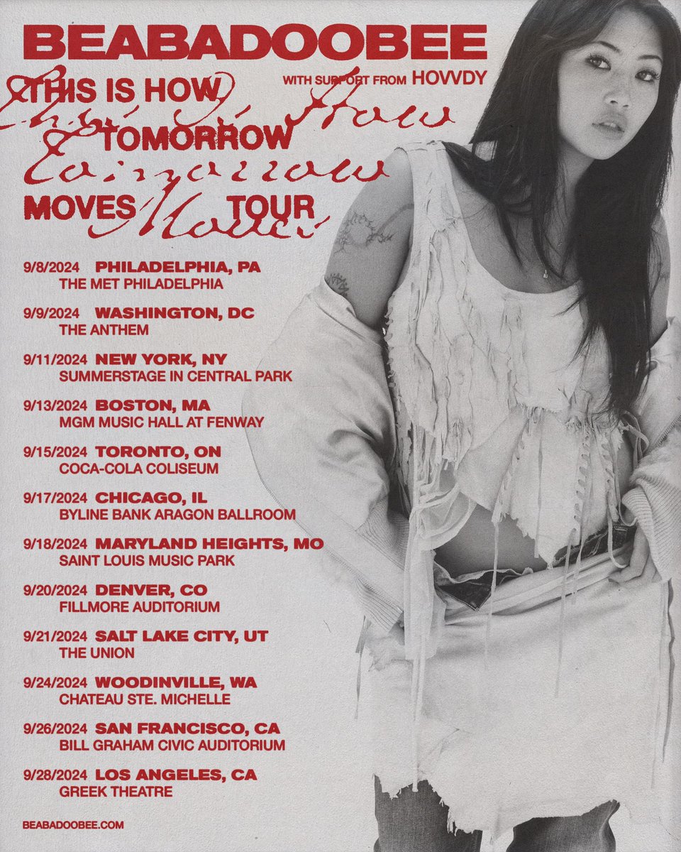 This is How Tomorrow Moves US tour 💋
planned a very exciting show for you guys 🤫🎸 i can’t wait see you all!!

tix go on sale june 6th 10am local!! sign up to get access to pre-sale tix, pre-sale starts fri 10am local🍎

beabadoobee.ffm.to/natour