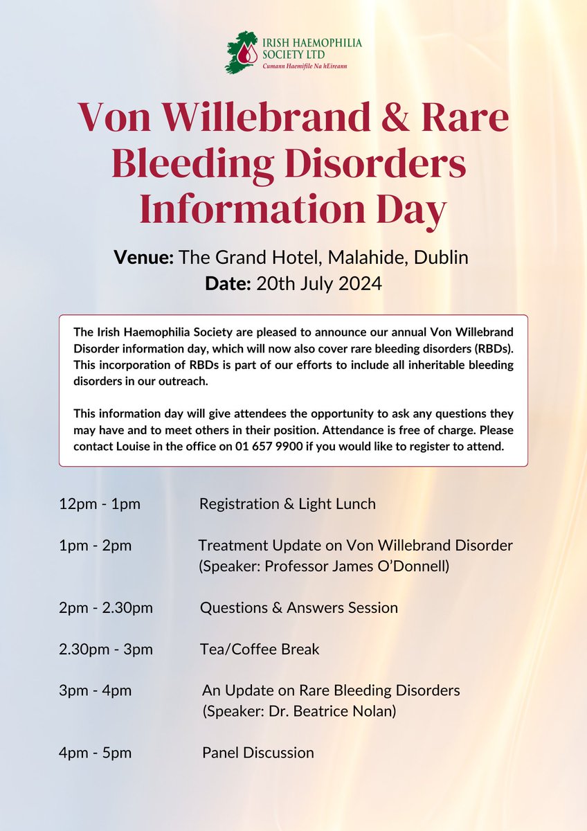 We are excited to share the programme for our VWD & RBD Information Day in July! Register free of charge by contacting Louise in the office on 01 657 9900.