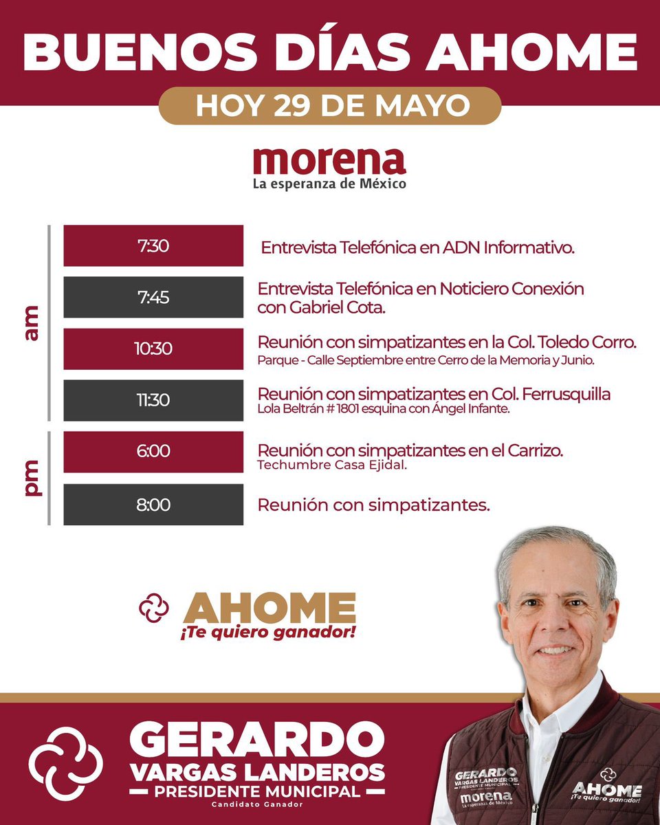 Buenísimos días, hoy es nuestro último día campaña gracias por toda la alegría y toda esa felicidad que nos han regalado. ¡Vamos con todo por un Ahome ganador! 🍀🥇