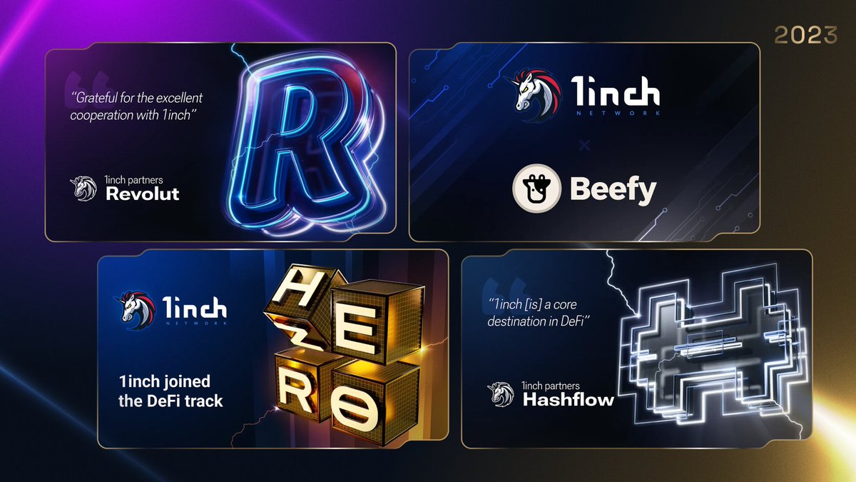 1inch leveled up with amazing campaigns and integrations in 2023! Huge thanks to @beefyfinance, @Lighter_xyz, @TrustWallet, @BNBCHAIN, @RevolutApp, @_WOOFi, @hashflow, @wintermute_t, @BurritoWallet, @Tangem and many more 🫶 Together, we've pushed Web3 adoption to new heights!