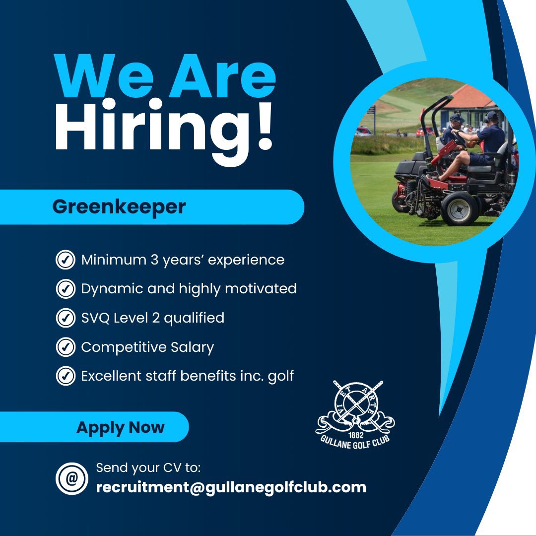 Paul Armour (@paul_armour) on Twitter photo We are Hiring!
We are looking for enthusiastic Greenkeepers to join our team <a href="/GullaneGolfClub/">Gullane Golf Club</a> please get in touch for further info. We are Hiring!
We are looking for enthusiastic Greenkeepers to join our team <a href="/GullaneGolfClub/">Gullane Golf Club</a> please get in touch for further info.