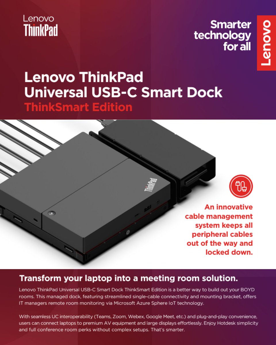 Upgrade your laptop to a fully-equipped meeting room with the @Lenovo ThinkPad Universal USB-C Smart Dock #ThinkSmart Edition. See how it's possible for yourself at #InfoComm24, where the product, and many others, will be on display! 

Learn more: news.lenovo.com/pressroom/pres…