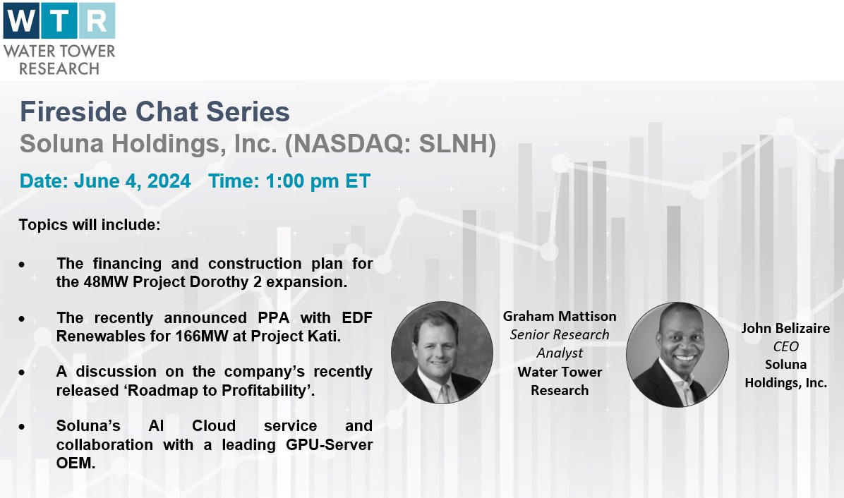 WTR_Research's tweet image. Join Graham Mattison for a fireside chat with @SolunaHoldings CEO @jbelizaireCEO on Tuesday, June 4, at 1:00 pm ET.
#crypto #datacenters #globalcomputing #watertowerresearch #wtr $SLNH
us06web.zoom.us/webinar/regist…