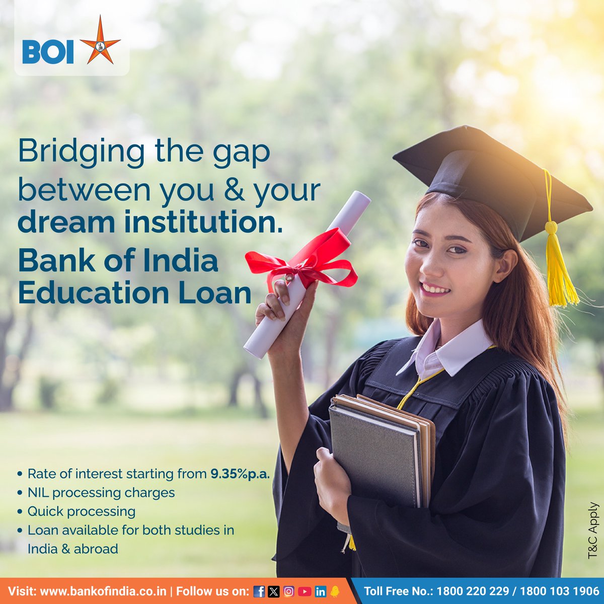 With Bank of India’s education loan options, the best college/university is now within your reach. Apply Now: bit.ly/3o2x3bO
#BankofIndia #educationloan #education #aspirations #opportunity