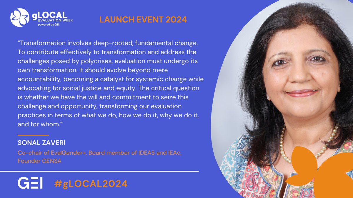 #HappeningNow: @SonalZaveri of EvalGender+ @FeministEval at the launch of #gLOCAL Evaluation Week. Tune in: bit.ly/452F55K