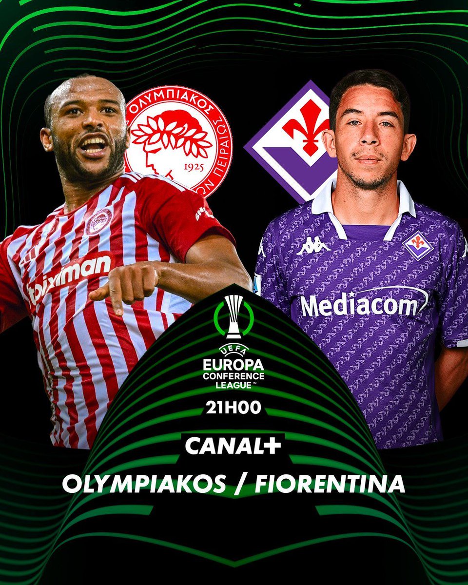 La Fiorentina de Jonathan Ikoné et Maxime Lopez se déplace à Athènes pour affronter l'Olympiakos dans une ambiance qui s'annonce bouillante, avec un trophée et une place en Europa League à la clé 🔥 La finale de Ligue Europa Conference, à 21H00 sur CANAL+. #OLYFIO | #UECLFinal