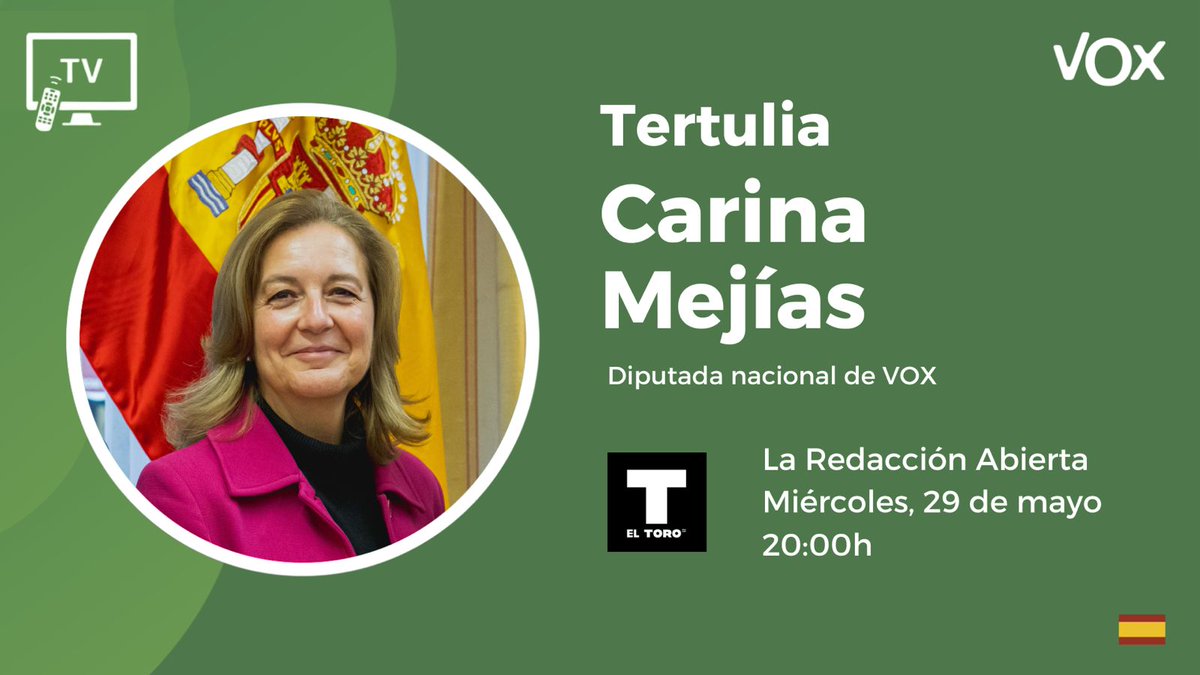 📺 Esta tarde a las 20:00, @CarinaMejias estará en 'La redacción abierta' de @eltorotv ➡️ Síguelo aquí en directo: eltorotv.com/directo-tv