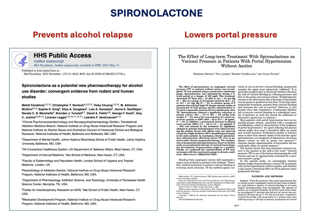Would you discontinue 50 mg/d Spironolactone in a fully re-compensated cirrhotic person with portal hypertension after alcohol abstinence? Think that Spironolactone has potential beneficial effects on alcohol use disorder and can lower portal pressure. Thoughts ? #livertwitter