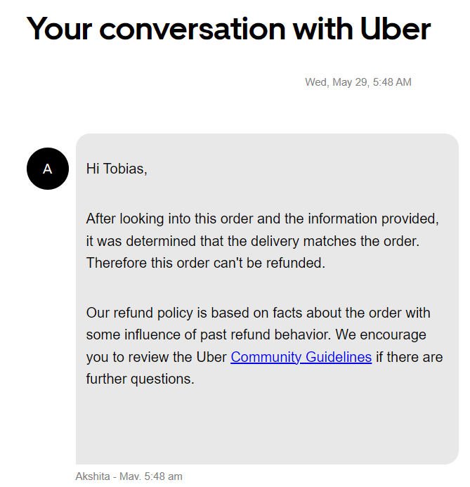 Ryutso's tweet photo. @UberEats Your support addresses me by my name and then says "Sorry this pizza with not your name on it is clearly your pizza." This is the worst support experience I've ever had. https://t.co/0fM7tb9MVz